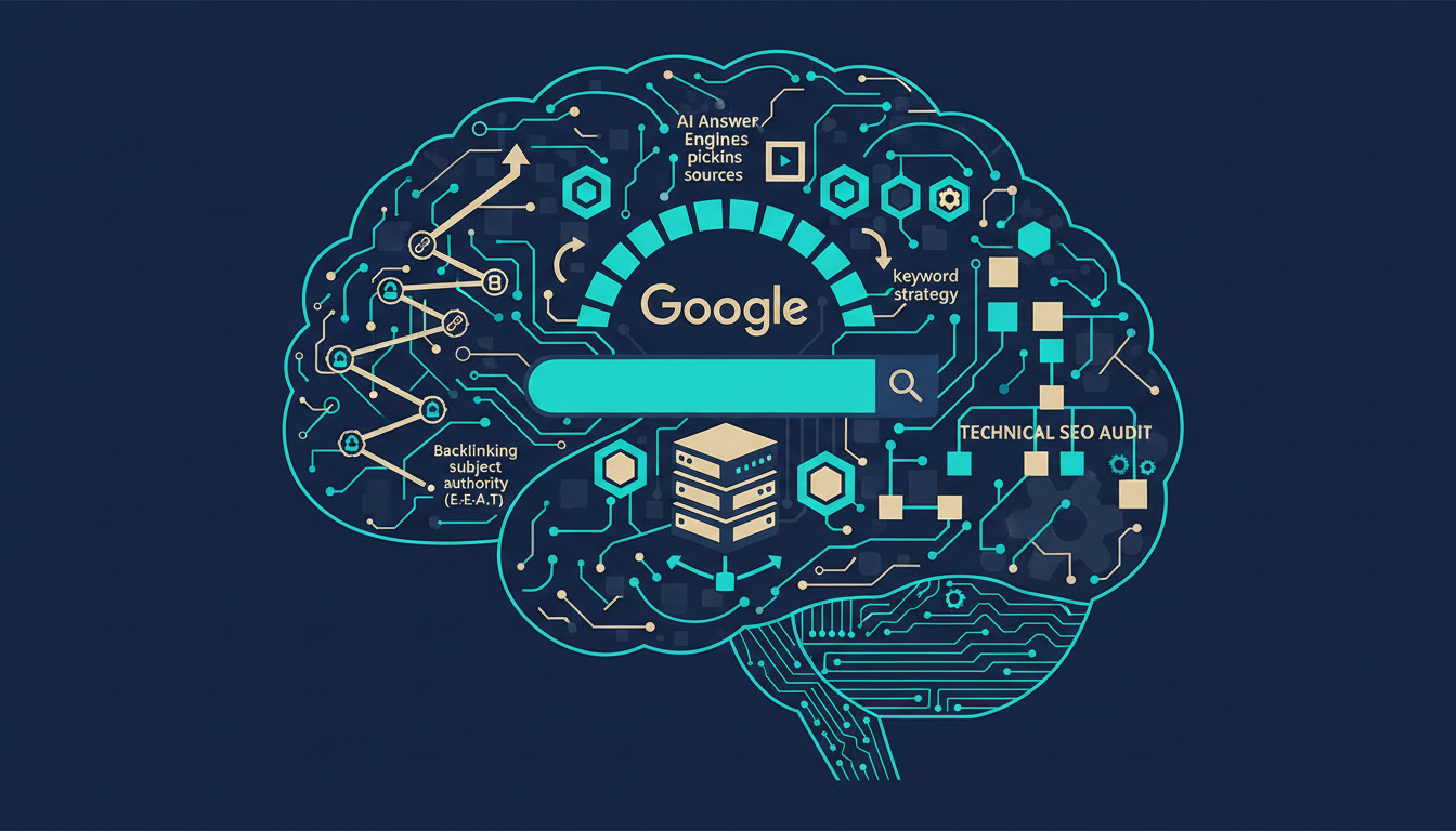 Illustrated cover for the course “SEO Mastery for Google and AI Answer Engines”