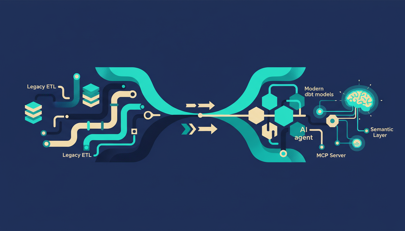 Illustrated cover for the course “dbt in the AI Era: Migrating from Legacy ETL”
